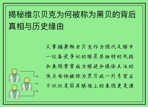 揭秘维尔贝克为何被称为黑贝的背后真相与历史缘由 揭秘维尔贝克为何被称为黑贝的背后真相与历史缘由