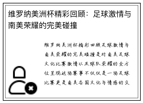 维罗纳美洲杯精彩回顾：足球激情与南美荣耀的完美碰撞